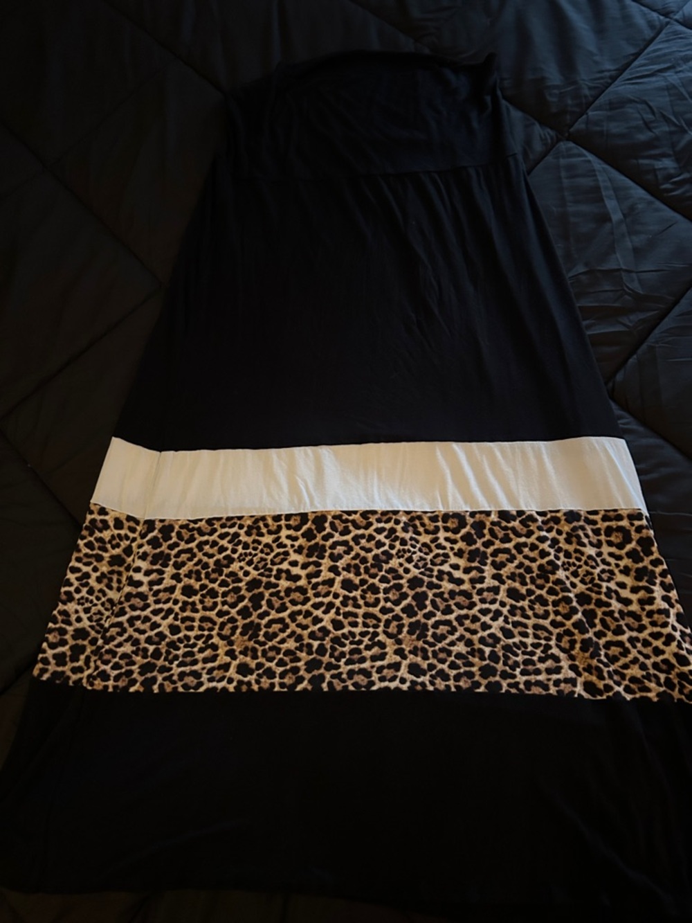 Black Strapless Maxi Dress with White Band and Leopard Trim